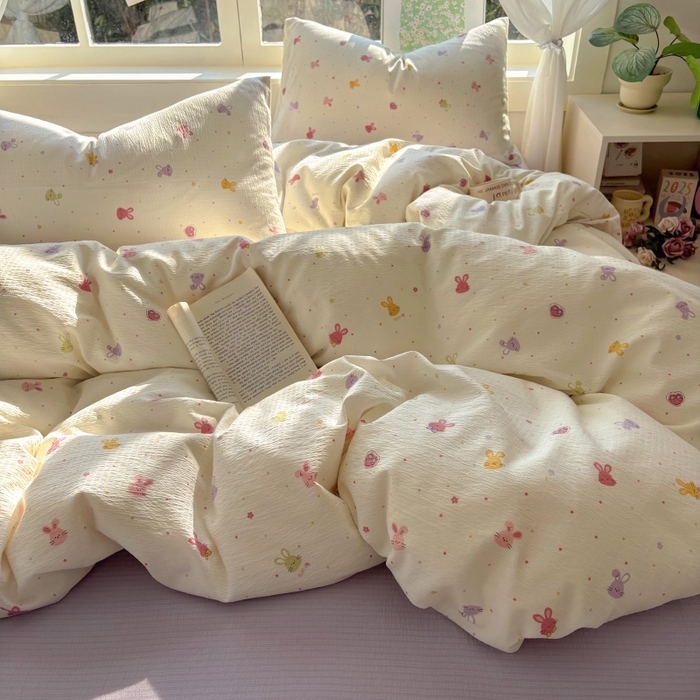 91家纺网 家纺一手货源 找家纺 耀达家居 2025新款木棉A类有氧双层纱四件套小清新碎花床单宿舍三件套 蜜豆