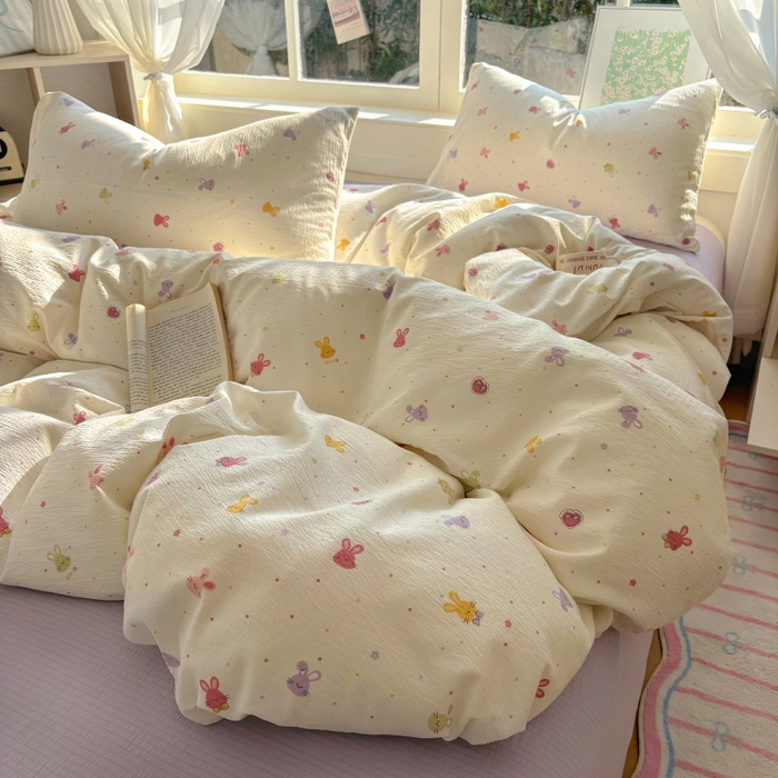 91家纺网 家纺一手货源 找家纺 耀达家居 2025新款木棉A类有氧双层纱四件套小清新碎花床单宿舍三件套 蜜豆