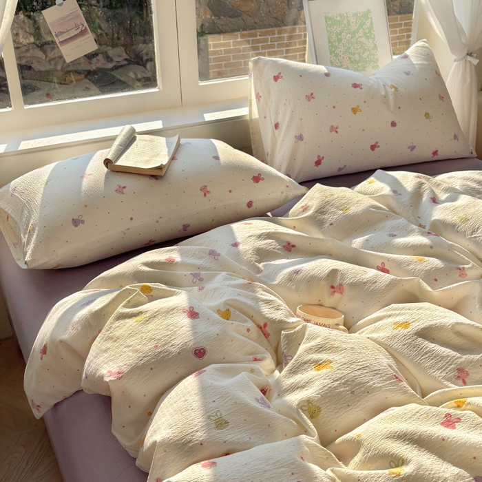 91家纺网 家纺一手货源 找家纺 耀达家居 2025新款木棉A类有氧双层纱四件套小清新碎花床单宿舍三件套 蜜豆