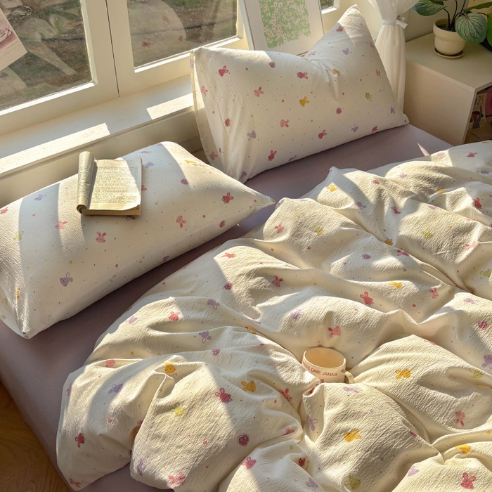 91家纺网 家纺一手货源 找家纺 耀达家居 2025新款木棉A类有氧双层纱四件套小清新碎花床单宿舍三件套 蜜豆