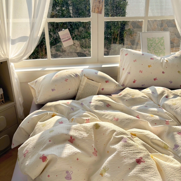 91家纺网 家纺一手货源 找家纺 耀达家居 2025新款木棉A类有氧双层纱四件套小清新碎花床单宿舍三件套 蜜豆