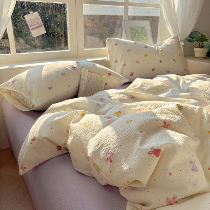 91家纺网 家纺一手货源 找家纺 耀达家居 2025新款木棉A类有氧双层纱四件套小清新碎花床单宿舍三件套 蜜豆