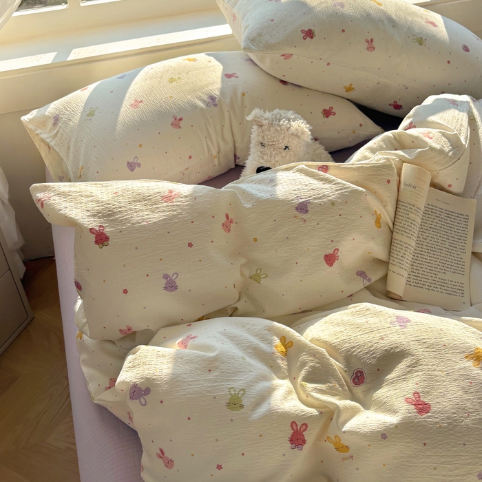 91家纺网 家纺一手货源 找家纺 耀达家居 2025新款木棉A类有氧双层纱四件套小清新碎花床单宿舍三件套 蜜豆