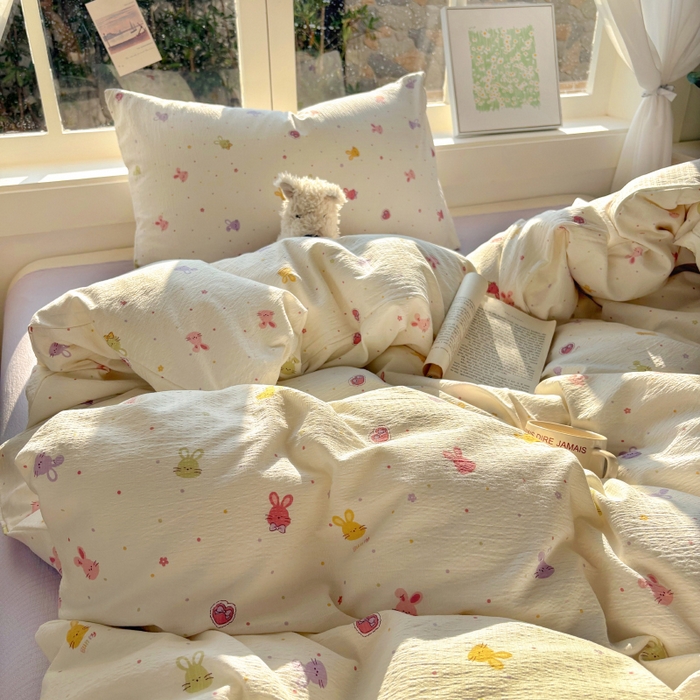 91家纺网 家纺一手货源 找家纺 耀达家居 2025新款木棉A类有氧双层纱四件套小清新碎花床单宿舍三件套 蜜豆