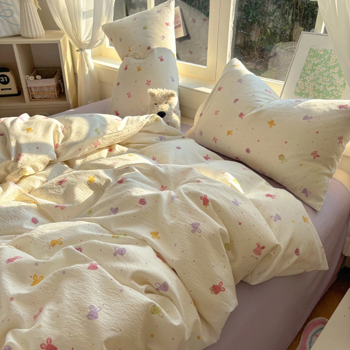 91家纺网 家纺一手货源 找家纺 耀达家居 2025新款木棉A类有氧双层纱四件套小清新碎花床单宿舍三件套 蜜豆