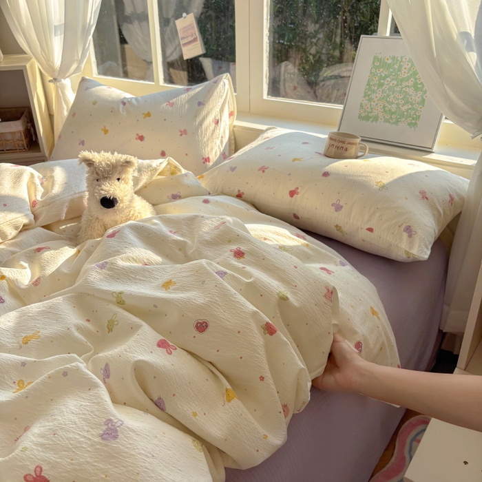 91家纺网 家纺一手货源 找家纺 耀达家居 2025新款木棉A类有氧双层纱四件套小清新碎花床单宿舍三件套 蜜豆