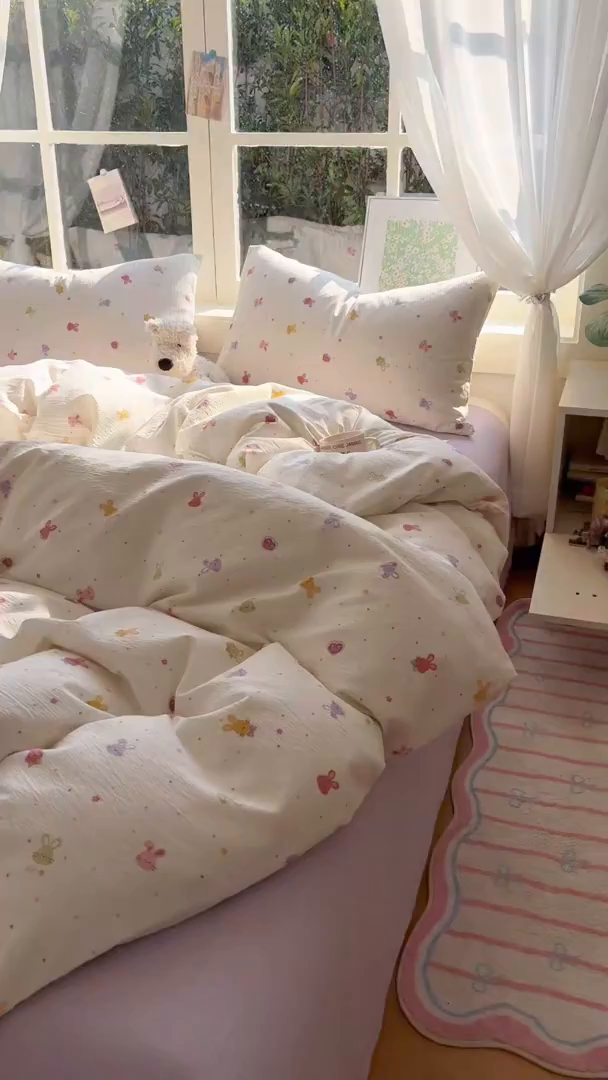 91家纺网 家纺一手货源 找家纺 耀达家居 2025新款木棉A类有氧双层纱四件套小清新碎花床单宿舍三件套 蜜豆