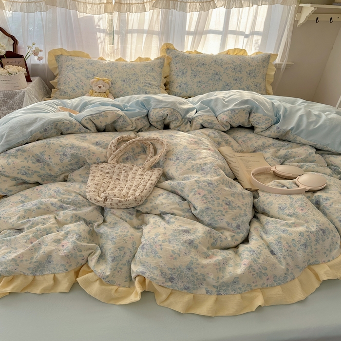 91家纺网 家纺一手货源 找家纺 顾里家纺 2025新款韩系花边皱皱纱四件套 栀夏