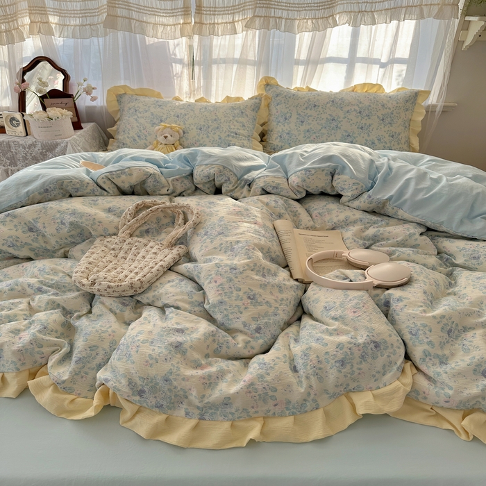 91家纺网 家纺一手货源 找家纺 顾里家纺 2025新款韩系花边皱皱纱四件套 栀夏