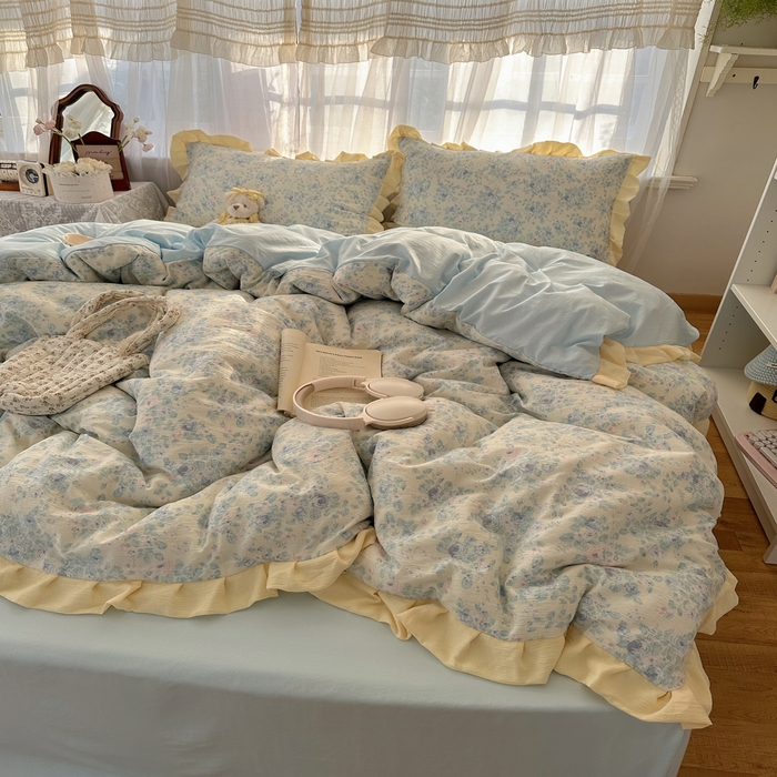 91家纺网 家纺一手货源 找家纺 顾里家纺 2025新款韩系花边皱皱纱四件套 栀夏