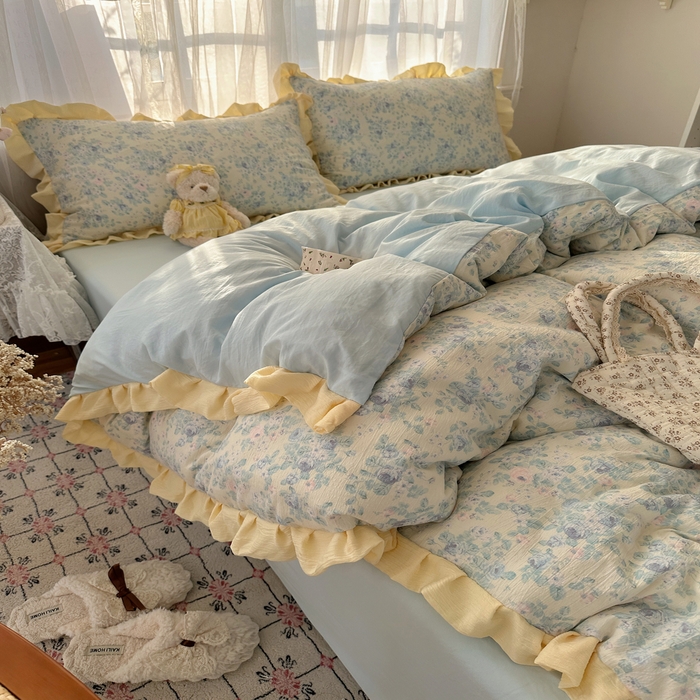 91家纺网 家纺一手货源 找家纺 顾里家纺 2025新款韩系花边皱皱纱四件套 栀夏