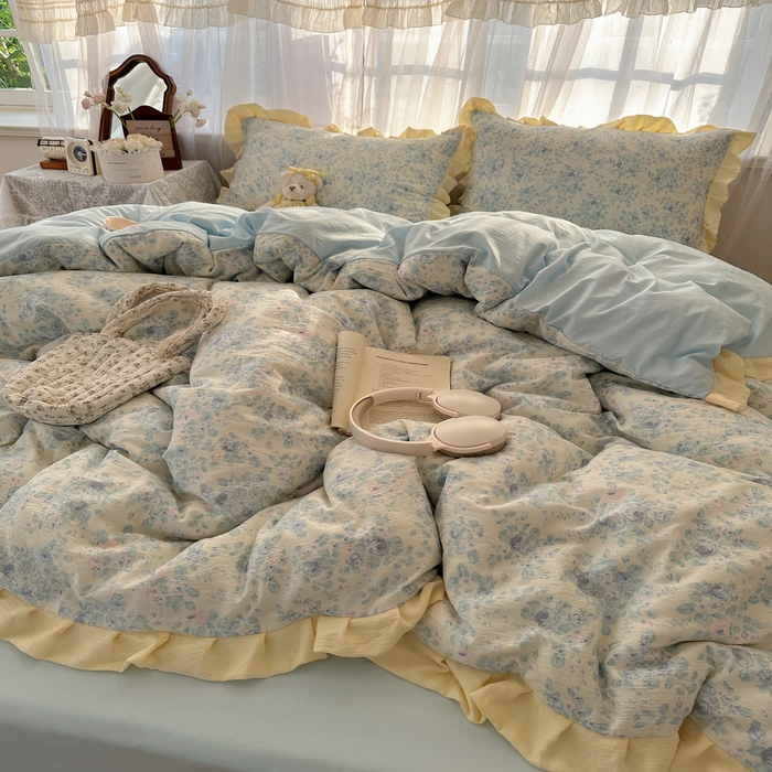 91家纺网 家纺一手货源 找家纺 顾里家纺 2025新款韩系花边皱皱纱四件套 栀夏