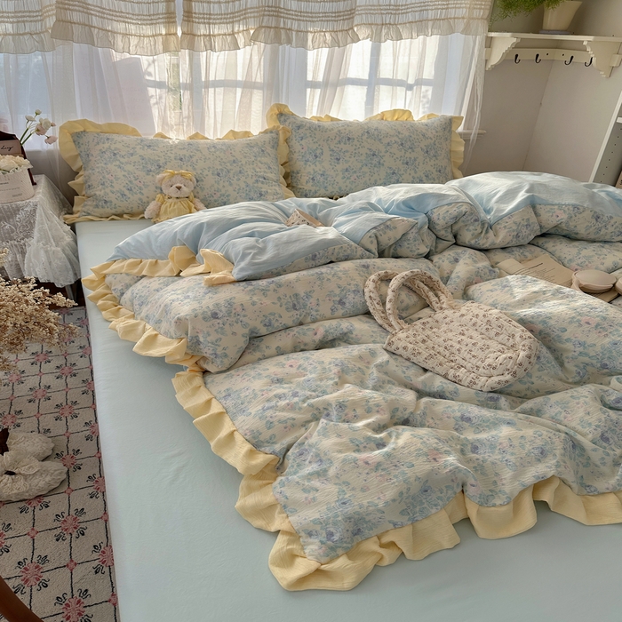 91家纺网 家纺一手货源 找家纺 顾里家纺 2025新款韩系花边皱皱纱四件套 栀夏