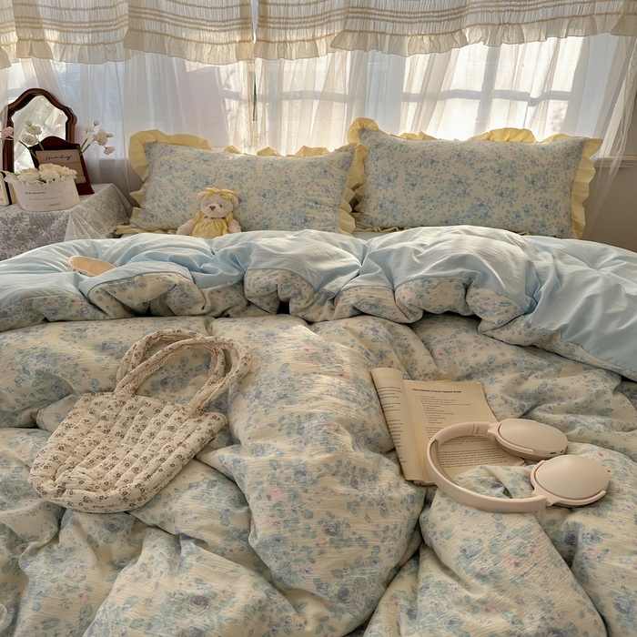 91家纺网 家纺一手货源 找家纺 顾里家纺 2025新款韩系花边皱皱纱四件套 栀夏