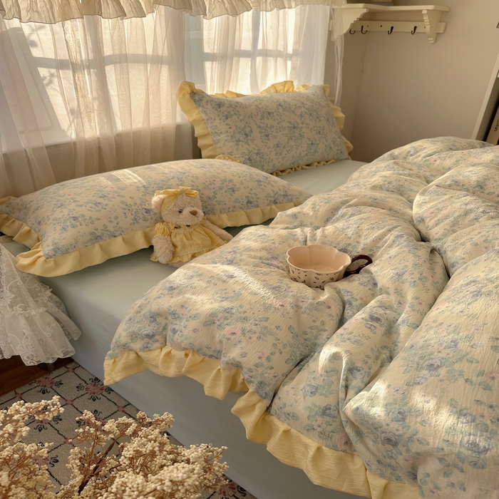 91家纺网 家纺一手货源 找家纺 顾里家纺 2025新款韩系花边皱皱纱四件套 栀夏