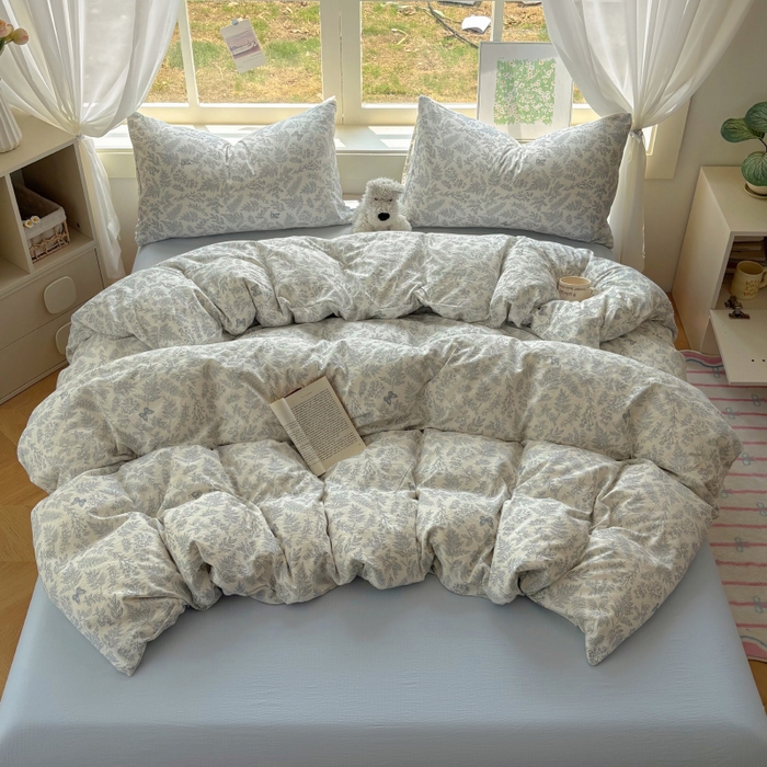 91家纺网 家纺一手货源 找家纺 耀达家居 2025新款木棉A类有氧双层纱四件套小清新碎花床单宿舍三件套 清欢