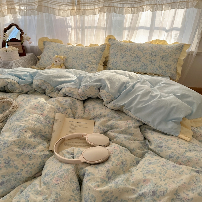 91家纺网 家纺一手货源 找家纺 顾里家纺 2025新款韩系花边皱皱纱四件套 栀夏