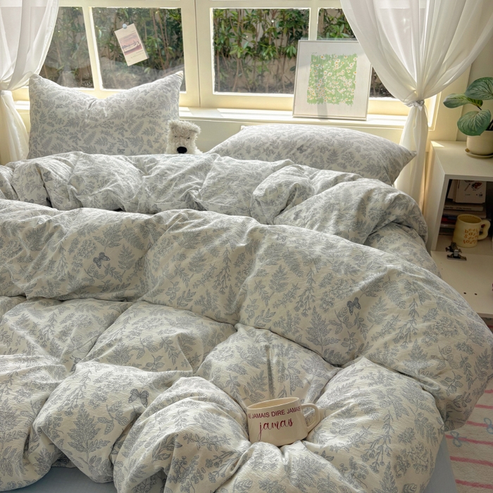 91家纺网 家纺一手货源 找家纺 耀达家居 2025新款木棉A类有氧双层纱四件套小清新碎花床单宿舍三件套 清欢