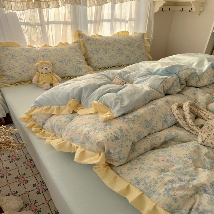 91家纺网 家纺一手货源 找家纺 顾里家纺 2025新款韩系花边皱皱纱四件套 栀夏