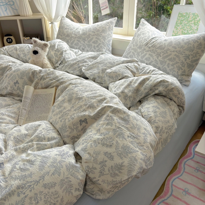 91家纺网 家纺一手货源 找家纺 耀达家居 2025新款木棉A类有氧双层纱四件套小清新碎花床单宿舍三件套 清欢