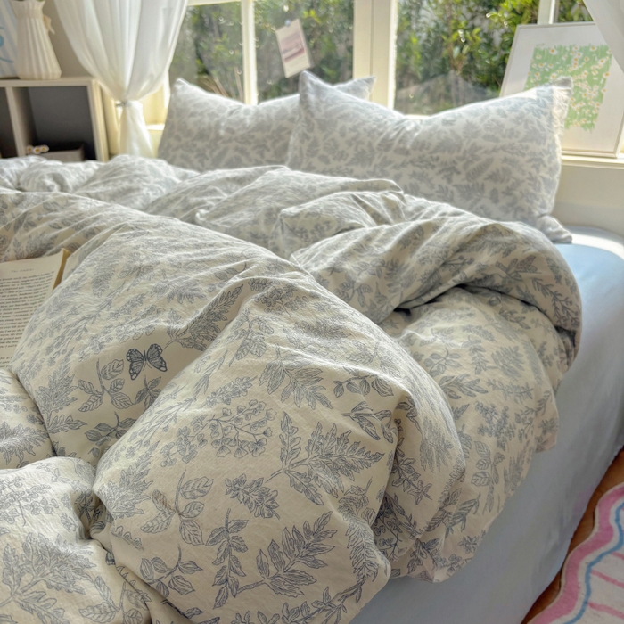 91家纺网 家纺一手货源 找家纺 耀达家居 2025新款木棉A类有氧双层纱四件套小清新碎花床单宿舍三件套 清欢