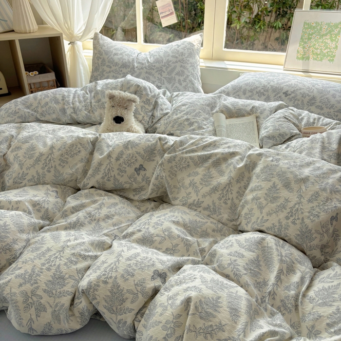 91家纺网 家纺一手货源 找家纺 耀达家居 2025新款木棉A类有氧双层纱四件套小清新碎花床单宿舍三件套 清欢