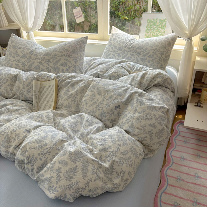 91家纺网 家纺一手货源 找家纺 耀达家居 2025新款木棉A类有氧双层纱四件套小清新碎花床单宿舍三件套 清欢