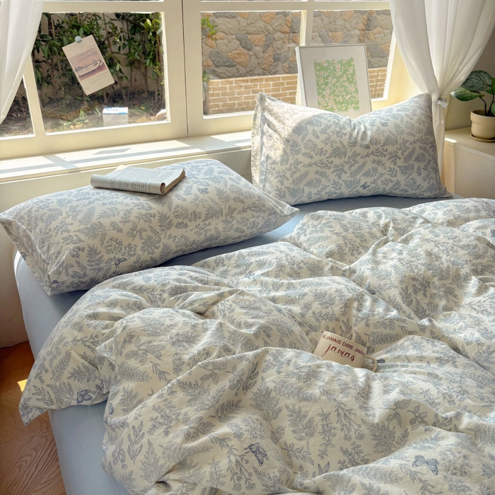 91家纺网 家纺一手货源 找家纺 耀达家居 2025新款木棉A类有氧双层纱四件套小清新碎花床单宿舍三件套 清欢