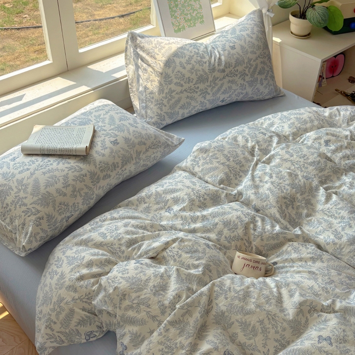 91家纺网 家纺一手货源 找家纺 耀达家居 2025新款木棉A类有氧双层纱四件套小清新碎花床单宿舍三件套 清欢