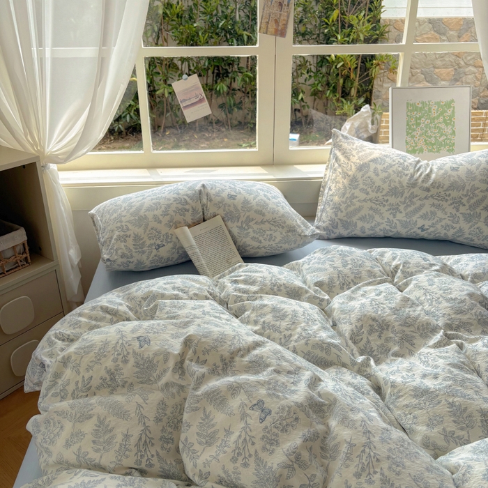 91家纺网 家纺一手货源 找家纺 耀达家居 2025新款木棉A类有氧双层纱四件套小清新碎花床单宿舍三件套 清欢