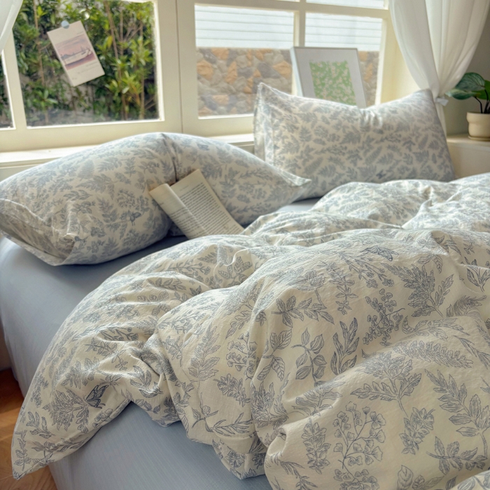 91家纺网 家纺一手货源 找家纺 耀达家居 2025新款木棉A类有氧双层纱四件套小清新碎花床单宿舍三件套 清欢