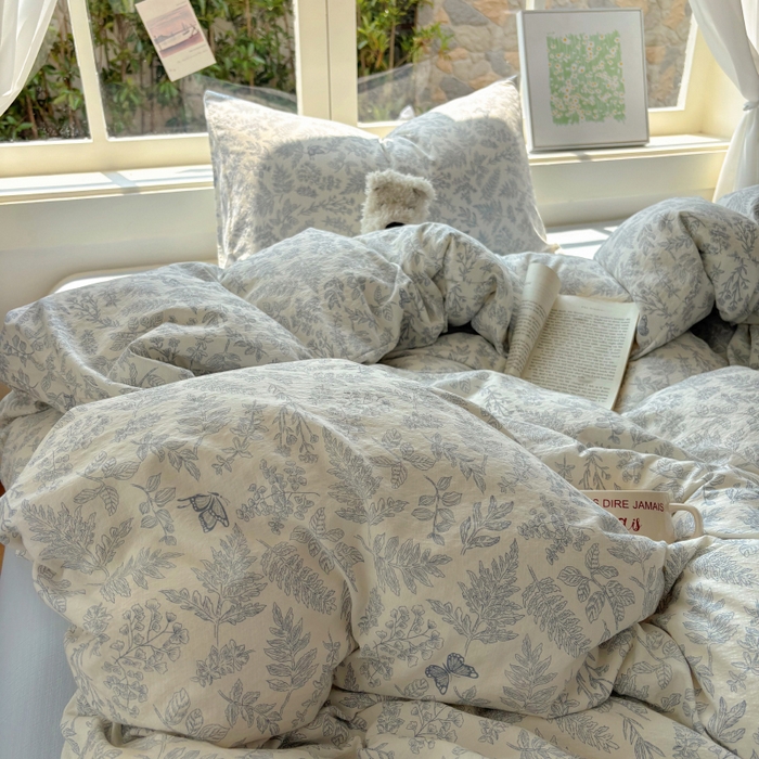 91家纺网 家纺一手货源 找家纺 耀达家居 2025新款木棉A类有氧双层纱四件套小清新碎花床单宿舍三件套 清欢