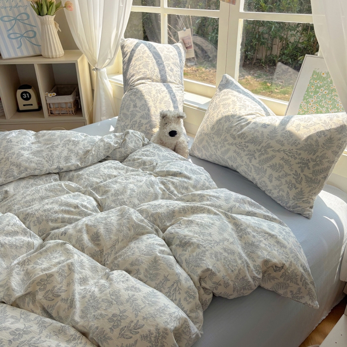 91家纺网 家纺一手货源 找家纺 耀达家居 2025新款木棉A类有氧双层纱四件套小清新碎花床单宿舍三件套 清欢