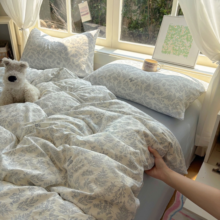 91家纺网 家纺一手货源 找家纺 耀达家居 2025新款木棉A类有氧双层纱四件套小清新碎花床单宿舍三件套 清欢