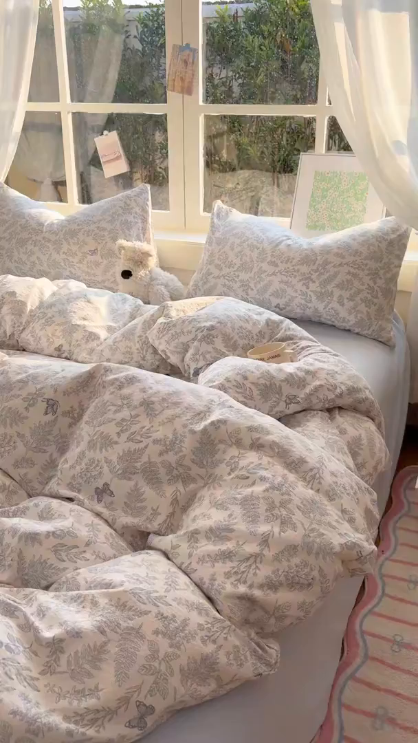 91家纺网 家纺一手货源 找家纺 耀达家居 2025新款木棉A类有氧双层纱四件套小清新碎花床单宿舍三件套 清欢