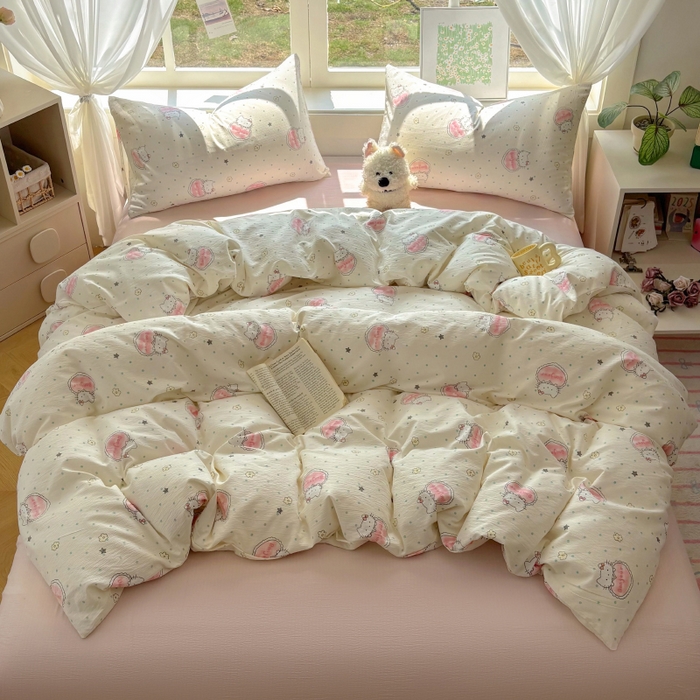 91家纺网 家纺一手货源 找家纺 耀达家居 2025新款木棉A类有氧双层纱四件套小清新碎花床单宿舍三件套 甜糕