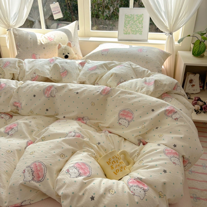 91家纺网 家纺一手货源 找家纺 耀达家居 2025新款木棉A类有氧双层纱四件套小清新碎花床单宿舍三件套 甜糕