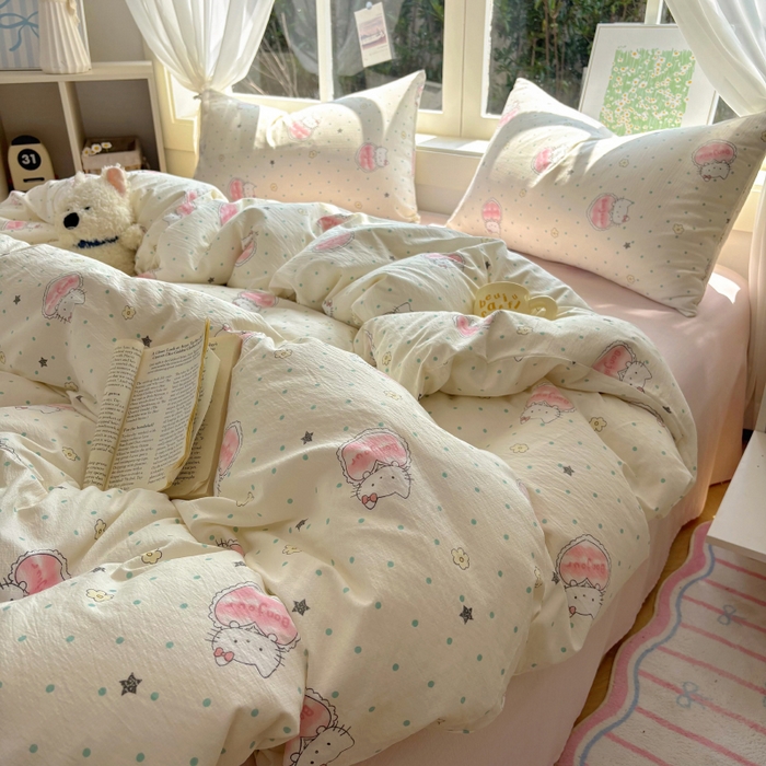 91家纺网 家纺一手货源 找家纺 耀达家居 2025新款木棉A类有氧双层纱四件套小清新碎花床单宿舍三件套 甜糕