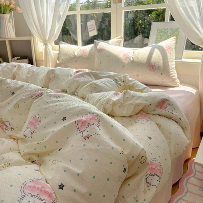 91家纺网 家纺一手货源 找家纺 耀达家居 2025新款木棉A类有氧双层纱四件套小清新碎花床单宿舍三件套 甜糕