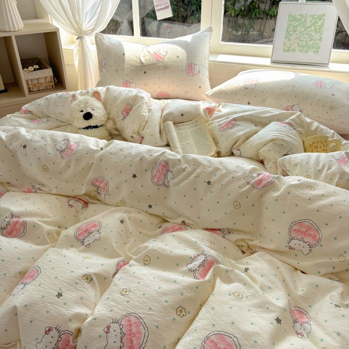 91家纺网 家纺一手货源 找家纺 耀达家居 2025新款木棉A类有氧双层纱四件套小清新碎花床单宿舍三件套 甜糕