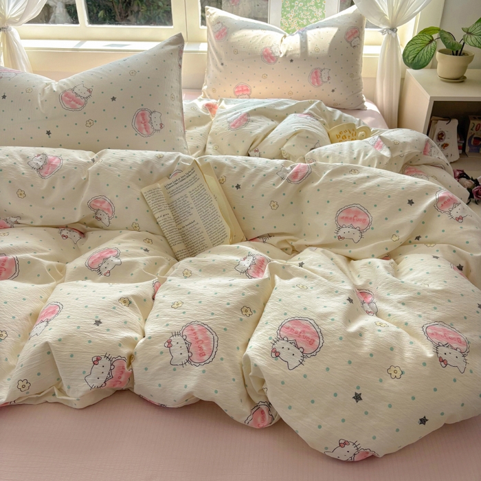 91家纺网 家纺一手货源 找家纺 耀达家居 2025新款木棉A类有氧双层纱四件套小清新碎花床单宿舍三件套 甜糕