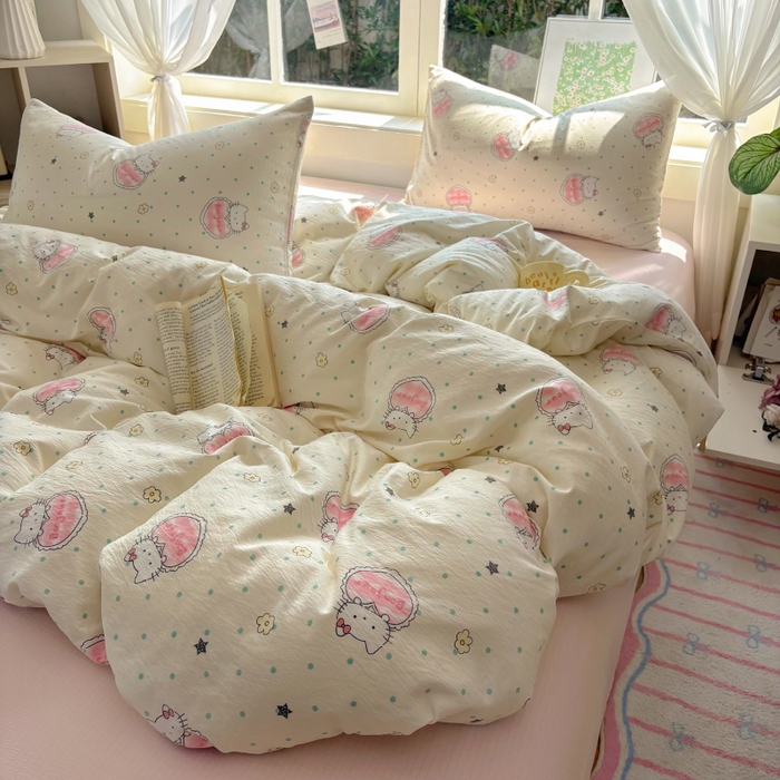 91家纺网 家纺一手货源 找家纺 耀达家居 2025新款木棉A类有氧双层纱四件套小清新碎花床单宿舍三件套 甜糕