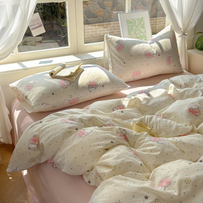 91家纺网 家纺一手货源 找家纺 耀达家居 2025新款木棉A类有氧双层纱四件套小清新碎花床单宿舍三件套 甜糕