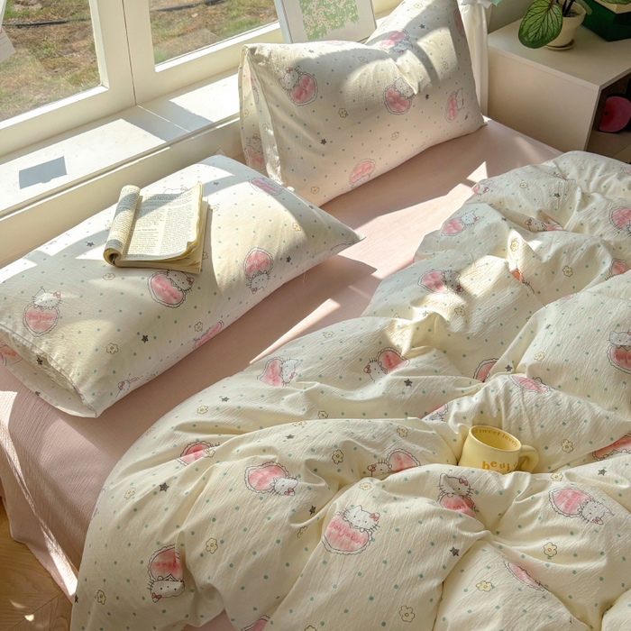 91家纺网 家纺一手货源 找家纺 耀达家居 2025新款木棉A类有氧双层纱四件套小清新碎花床单宿舍三件套 甜糕