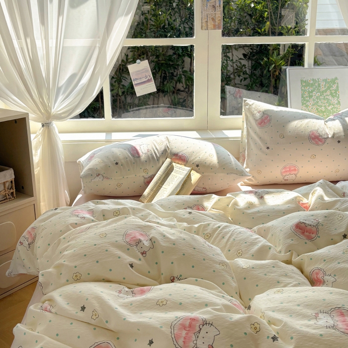 91家纺网 家纺一手货源 找家纺 耀达家居 2025新款木棉A类有氧双层纱四件套小清新碎花床单宿舍三件套 甜糕