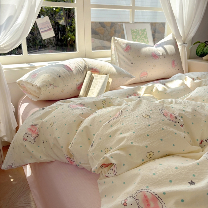 91家纺网 家纺一手货源 找家纺 耀达家居 2025新款木棉A类有氧双层纱四件套小清新碎花床单宿舍三件套 甜糕