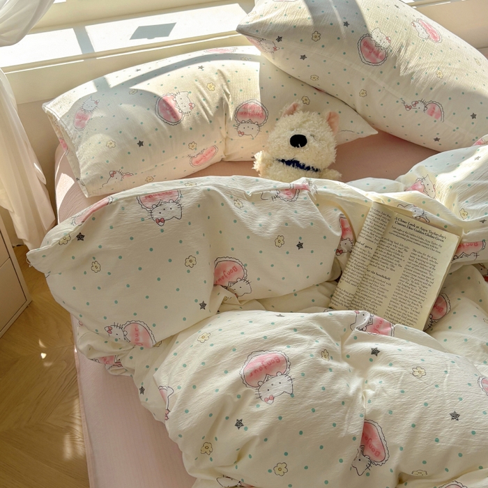 91家纺网 家纺一手货源 找家纺 耀达家居 2025新款木棉A类有氧双层纱四件套小清新碎花床单宿舍三件套 甜糕