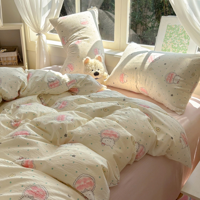 91家纺网 家纺一手货源 找家纺 耀达家居 2025新款木棉A类有氧双层纱四件套小清新碎花床单宿舍三件套 甜糕