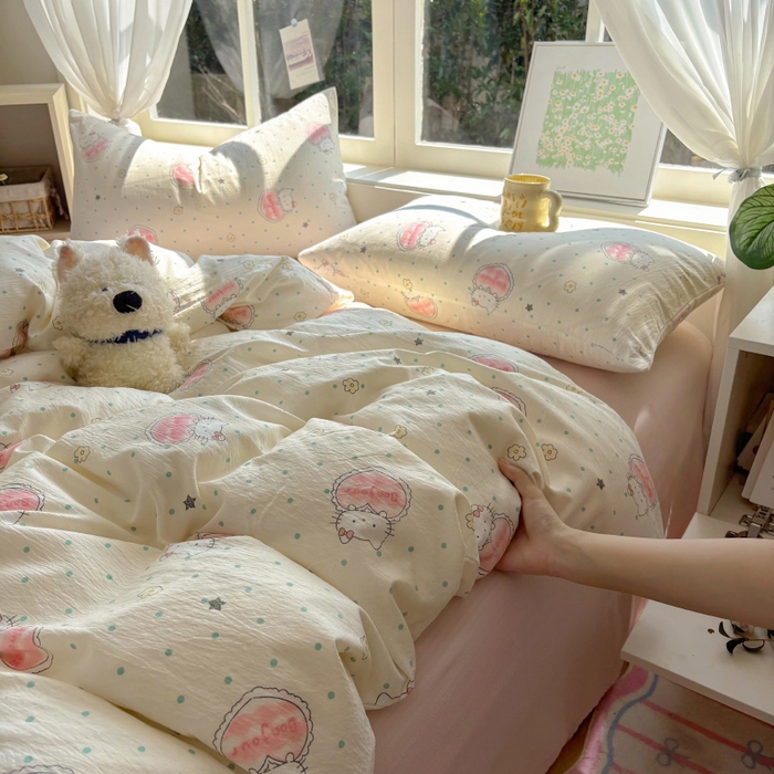 91家纺网 家纺一手货源 找家纺 耀达家居 2025新款木棉A类有氧双层纱四件套小清新碎花床单宿舍三件套 甜糕