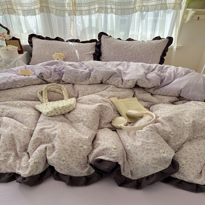 91家纺网 家纺一手货源 找家纺 顾里家纺 2025新款韩系花边皱皱纱四件套 紫樱兔